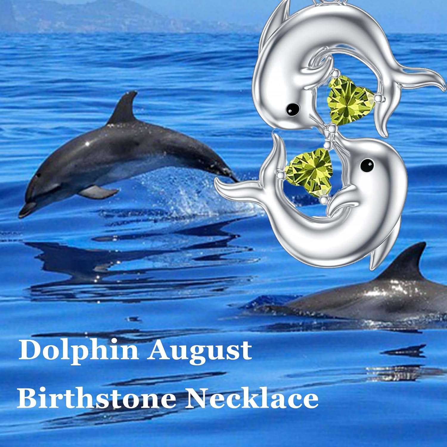 925 Sterling Silver Double Dolphin Birthstone Necklace for Women Heart Crystal Gemstone Birthstone Pendant for Her - Image 3
