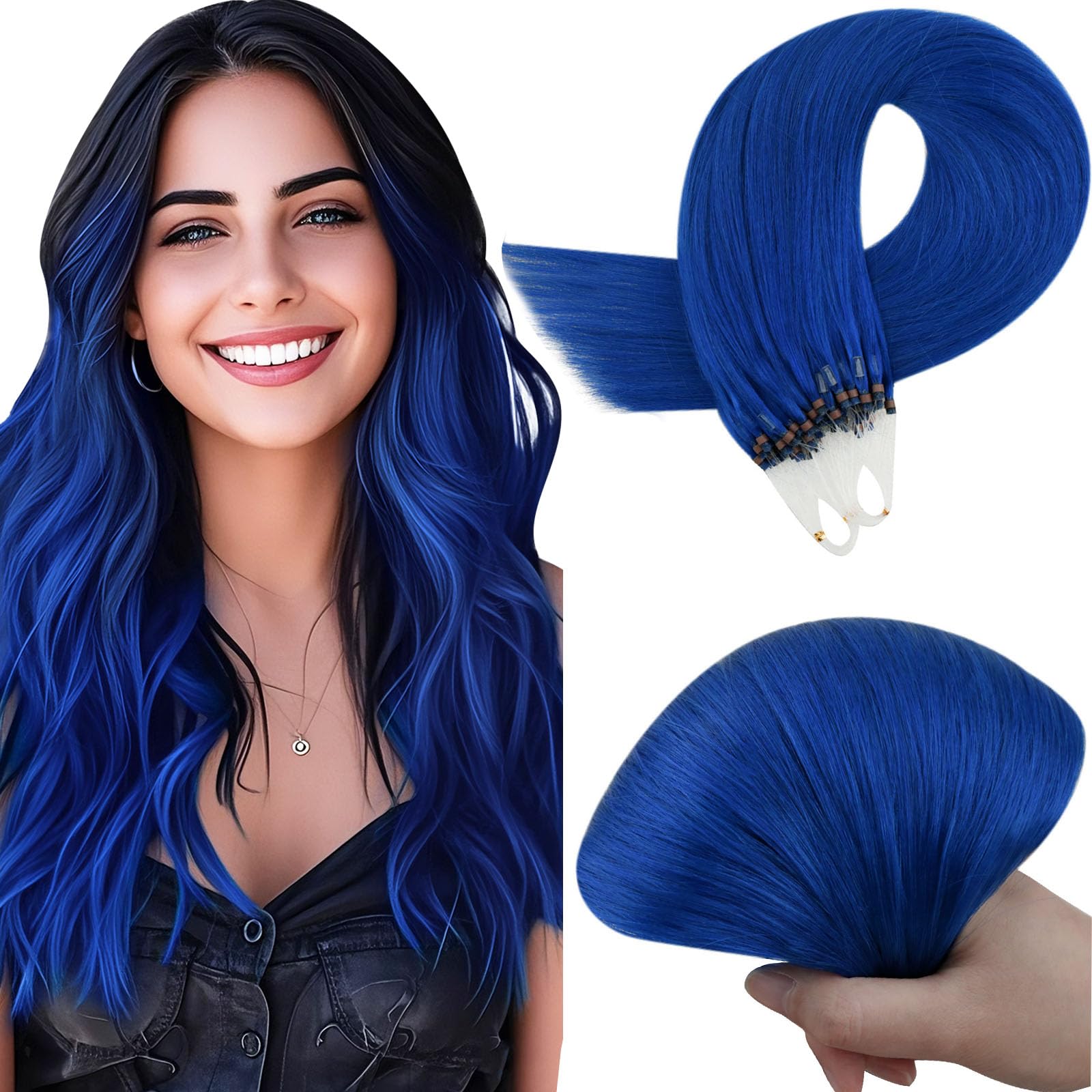 RUNATURE Blue Micro Bead Hair Extensions Real Human Hair 22 Inch Long Micro Link Hair Extensions Silky Straight Cold Fusion Invisible Microlink