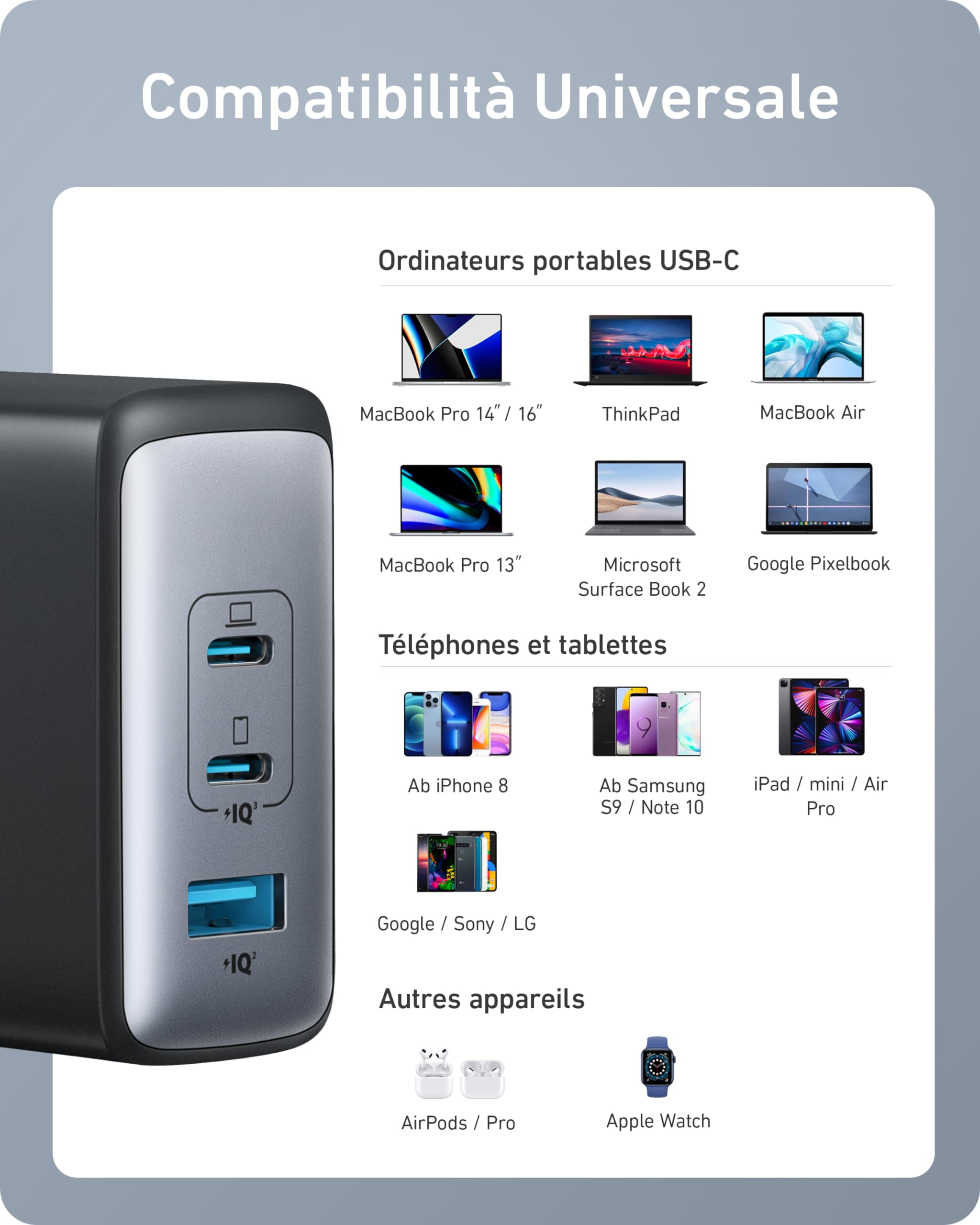 Anker Caricatore USB C 736 da 100 W Nano II, 3 Porte, per MacBook Pro, Google Pixelbook, Dell XPS, iPad Pro, iPhone 17 Pro Max, Samsung S25 Ultra