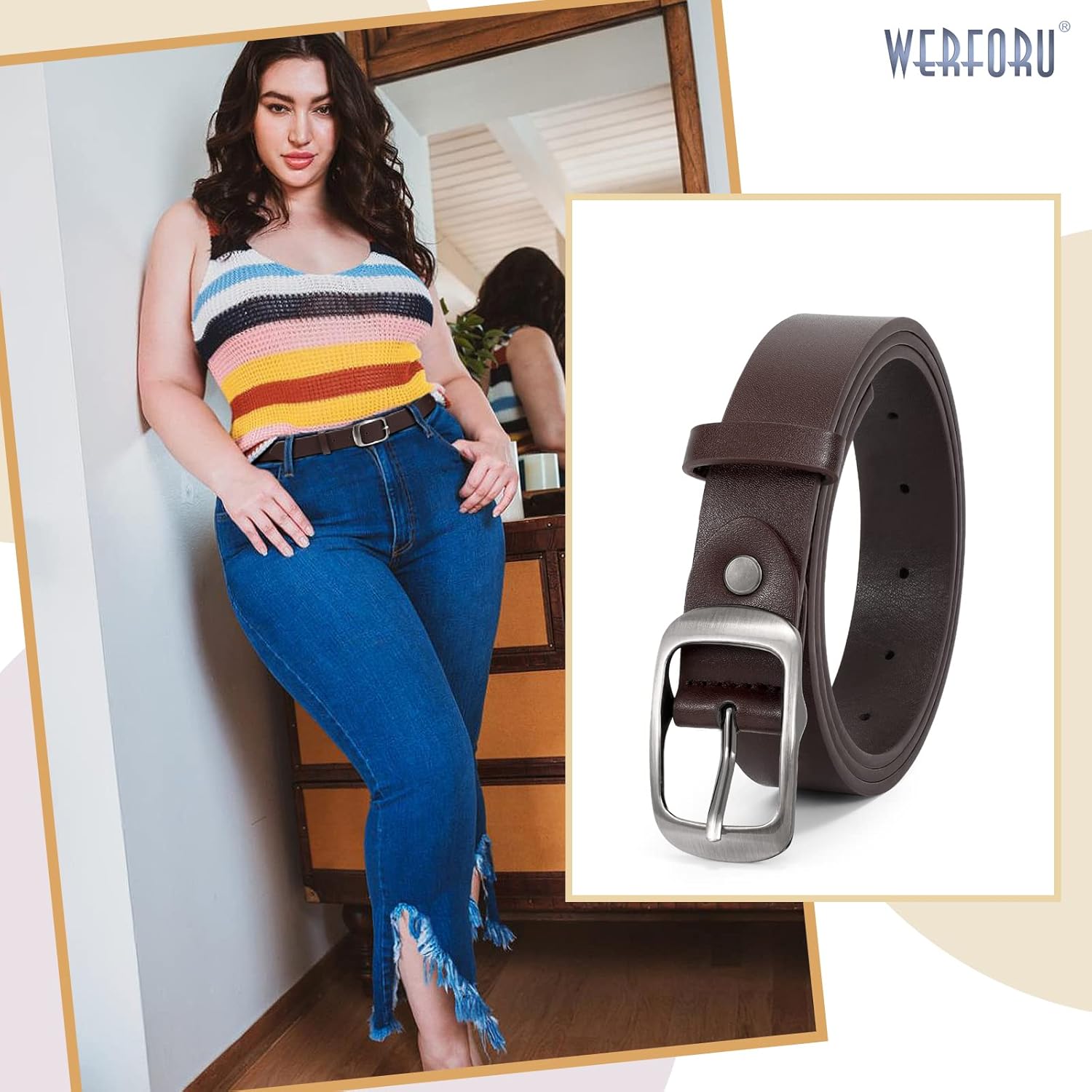 WERFORU Plus Size Belt for Women Leather Belt with Metal Buckle Ladies Casual Belt for Jeans Pants - Image 2