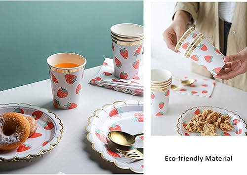 Miniatura 9 de Juego de vajilla desechable de fresa, suministros para fiestas, incluye platos, tazas, popotes y servilletas para fiestas, baby shower de