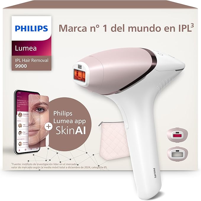 Philips Lumea serie 9900, dispositivo de depilación IPL, alternaternativa a la depilación láser, tecnología SenseIQ y SkinAI, 2 accesorios para cuerpo y rostro, BRI950/02.