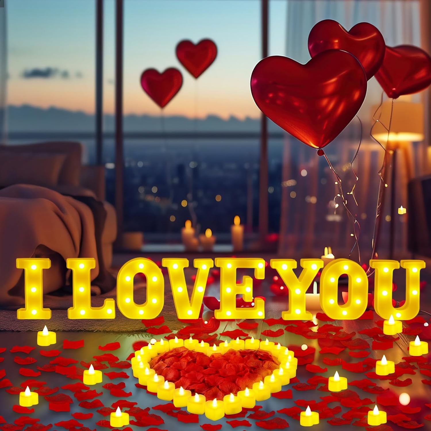 I Love You Light up Letters Sign with 24 LED Heart Flameless Candles 2000 Fake Rose Petals Proposal Decorations Romantic Special Night for Valentine's Day Wedding Engagement (Warm White) - Image 3