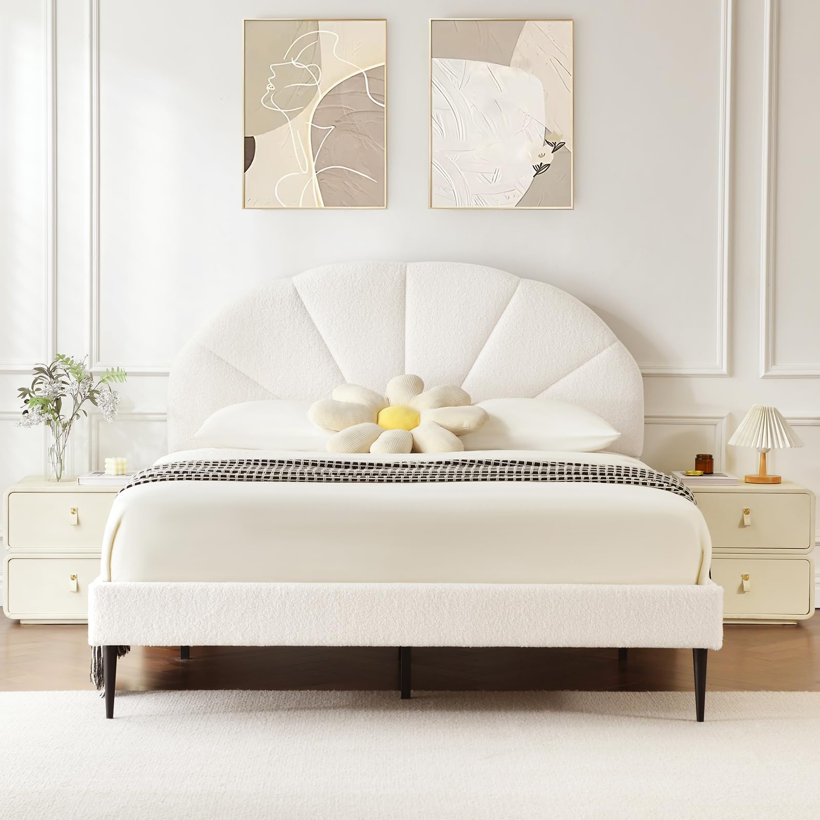 VELOCAVA Full Size Boucle Bed Frame with Seashell Headboard, Upholstered Cloud Platform Bed, Rounded Corners, Wooden Slats Support, No Box Spring