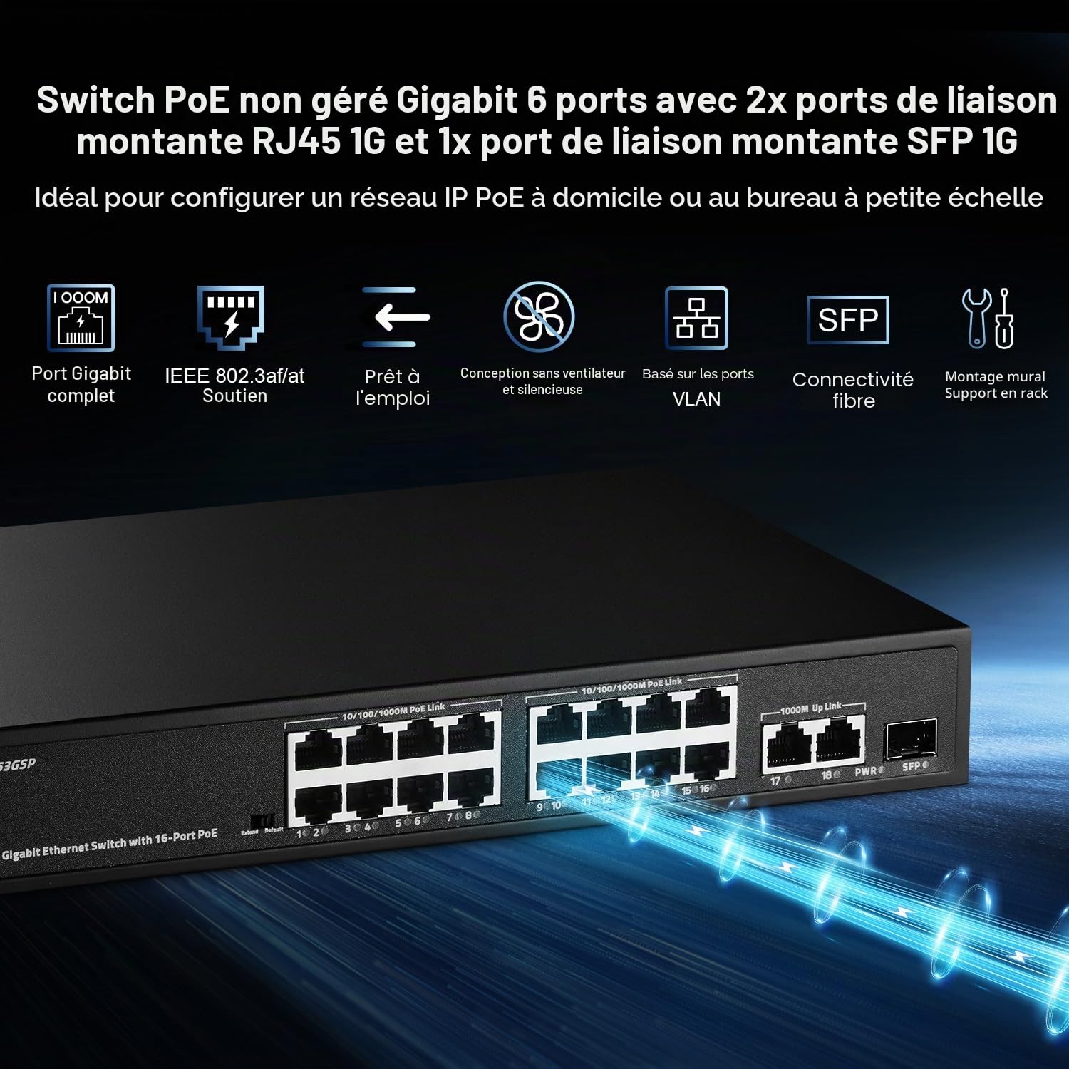 Binardat 19 Port Gigabit POE Switch, 16 Ports POE+ 1000Mbps, 2 Gigabit Uplink, 1 Gigabit SFP, IEEE802.3af/at, 300W Internal Power Supply, Metal Case Unmanaged Plug and Play
