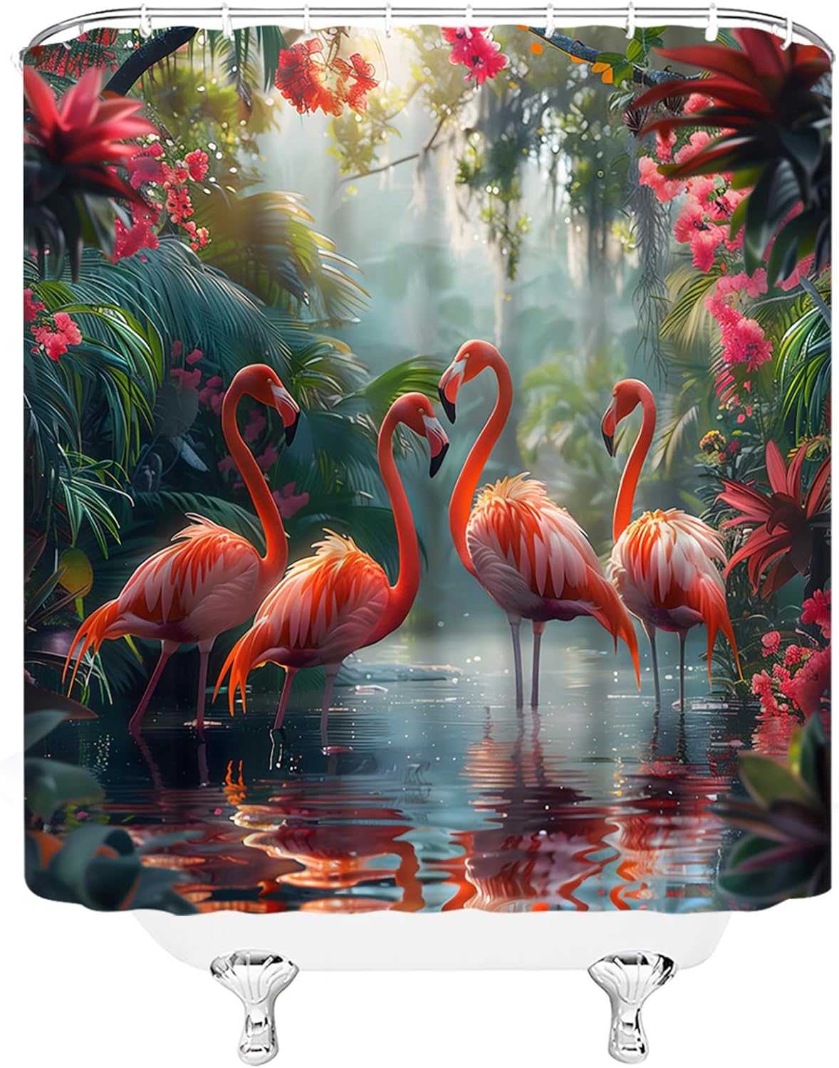 Flamingo Shower Curtain Tropical Rainforest Animals Green Plam Leaves Pink Flower Botanical Jungle Nature Scenery Polyester Fabric Bathroom Decor Set with Hooks(84" Wx70 H)