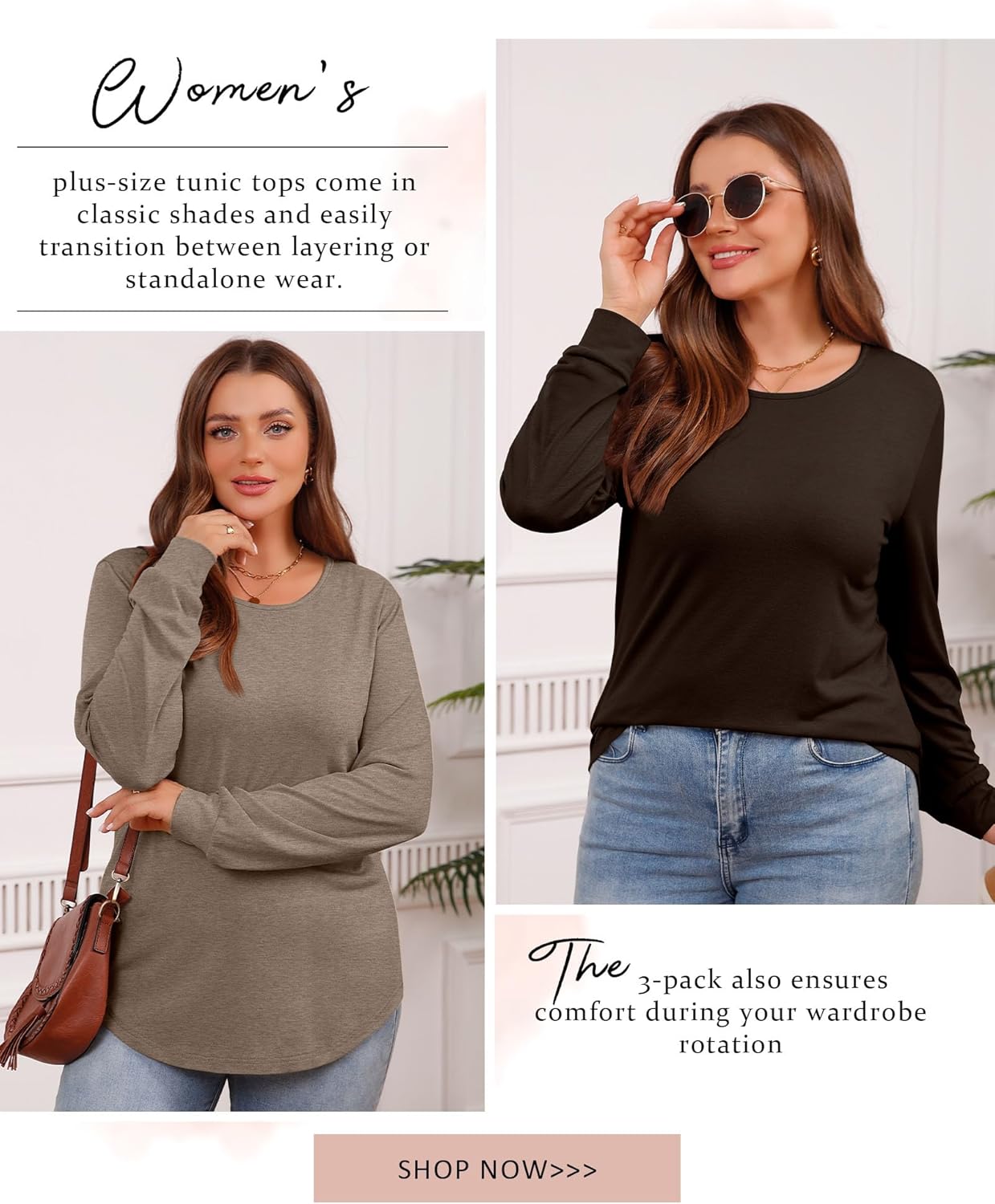 Huukeay 3 Pack Women Plus Size Long Sleeve Tops Loose Fit Tunic Shirts Crewneck Basic Tops Curved Hem Casual T Shirts - Image 4