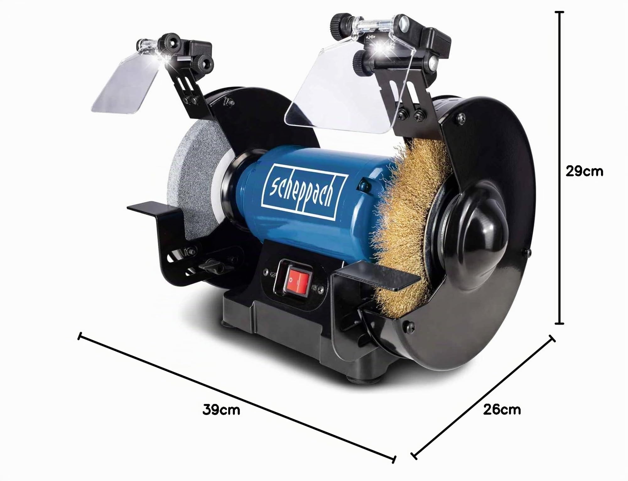 Scheppach Touret Mixte SM200LB | Puissance 500W | Pierre à aiguiser 200x20mm Grain 36 | Brosse métallique largeur 16mm | Avec éclairage LED