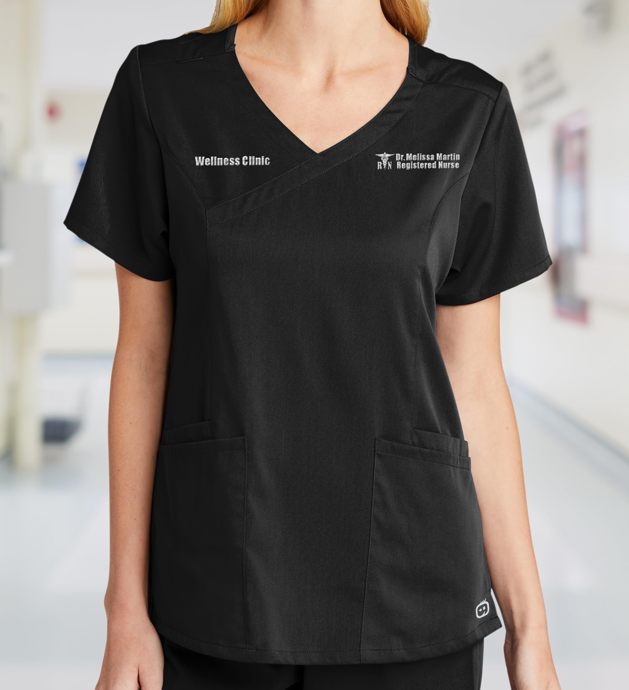 Custom Emroidered Scrub Top Add Your Embroidery Text Name Women's Premiere Flex Mock Wrap Tops Black