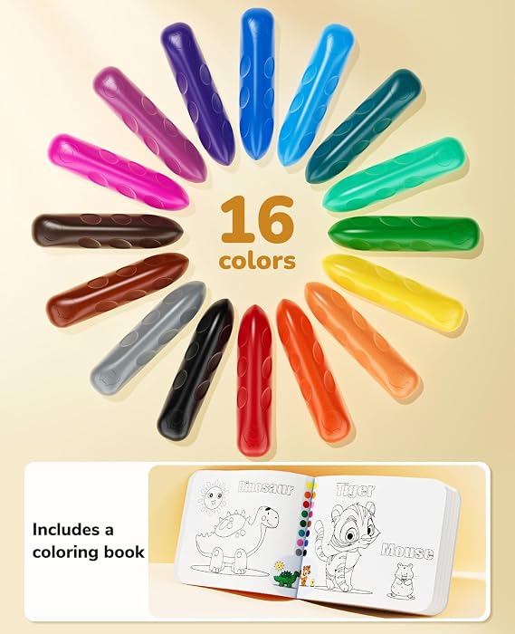 JoyCat 16 Colors Jumbo Crayons for Toddlers 1-3, Washable Triangular Large Crayons for Kids Ages 4-8, Easy-Grip Unbreakable Non-Toxic Art Supplies with Coloring Book, Early Childhood Birthday Gifts
