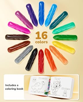 JoyCat 16 Colors Jumbo Crayons for Toddlers 1-3, Washable Triangular Large Crayons for Kids Ages 4-8, Easy-Grip Unbreakable Non-Toxic Art Supplies with Coloring Book, Early Childhood Birthday Gifts