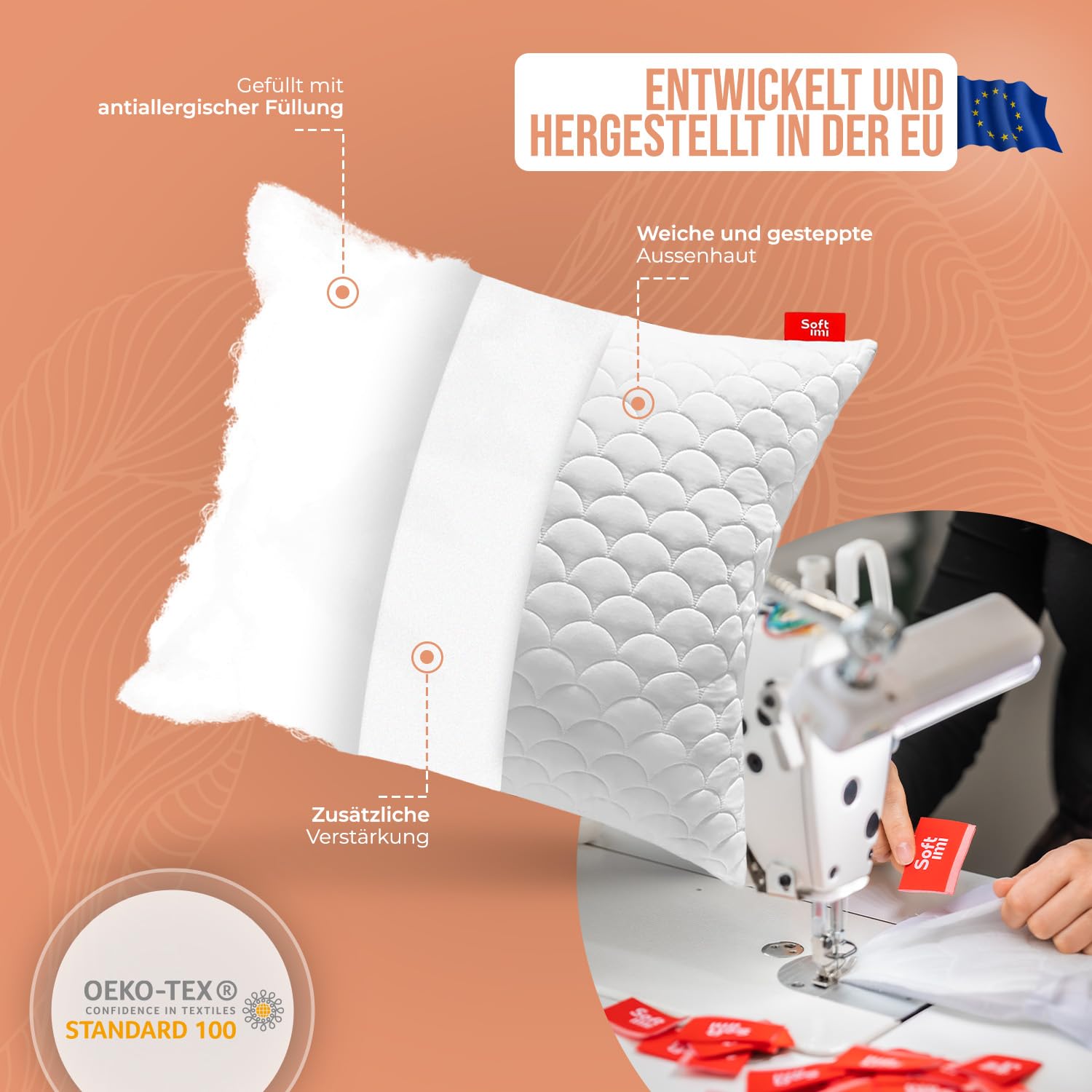 Kopfkissen Schlaffkissen Bettkissen Gestepptes Premium Kissen 4er Set 60x70 cm Antiallergisch - Anti-Milbe - Geruchlos sofort verwendbar - Mit Härteeinstellung (4er Set 60x70 cm)