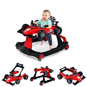 GLACER Foldable Baby Walker, 4-in-1 Infant Walker with Adjustable Height & Speed, Music, Light, Steering Wheel & Washable Cushion, Baby Walker Activity Center for Boys Girls 6 18 Months Red