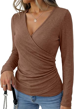 Dokotoo Womens Deep V Neck Long Sleeve Shirts Ruched Wrap Top