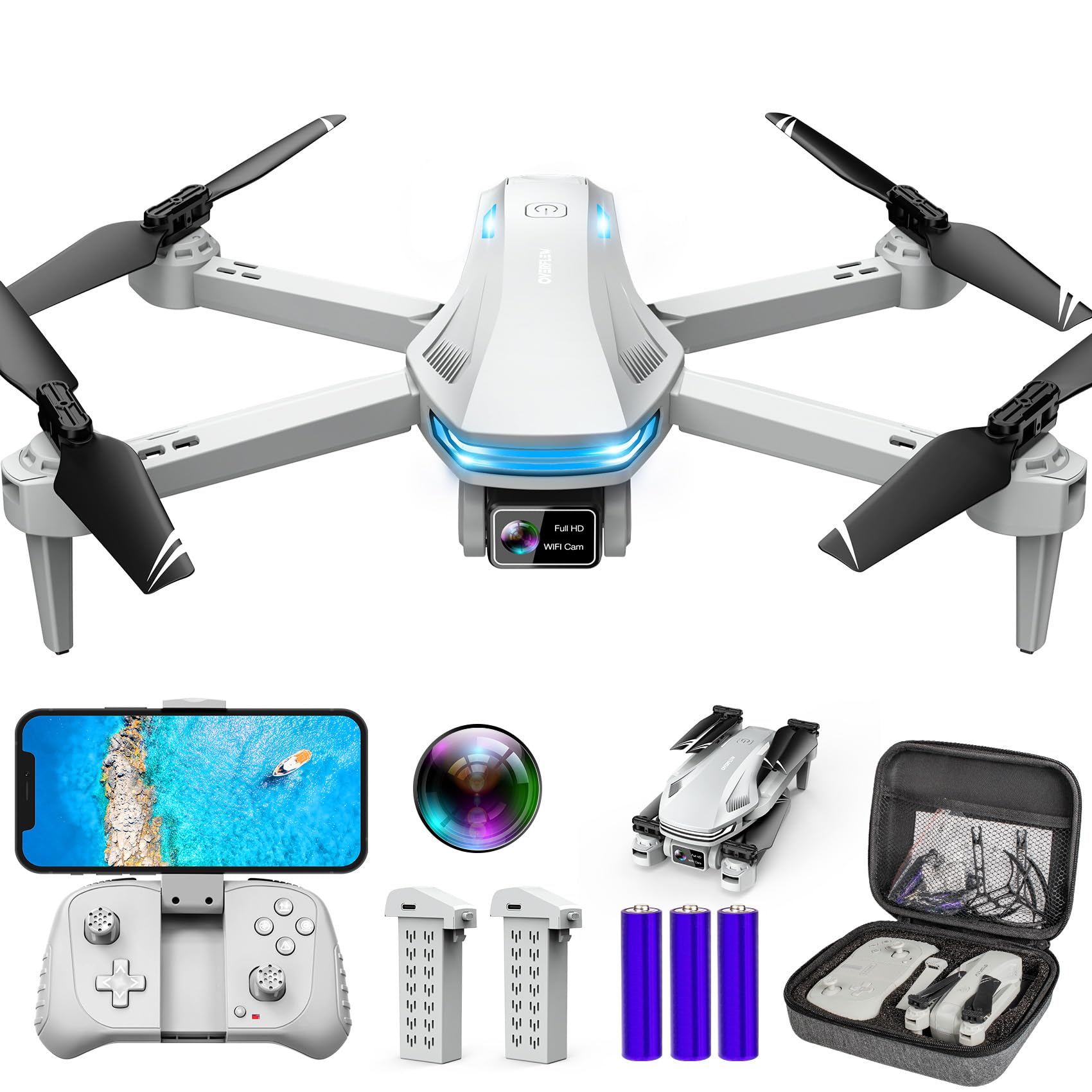 Drone with Camera for Adults, HD FPV Drones with Upgrade Altitude Hold, One-Key Take Off/Landing, Voice Control, Headless Mode, 2 Batteries, Toys Gifts for Teen Boys Girls, Beginner