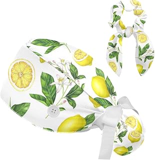 Women’s Working Caps with Button Eye Ball Rose Pattern Long Hair Cover Ribbon Lace-Up Scrub Cap