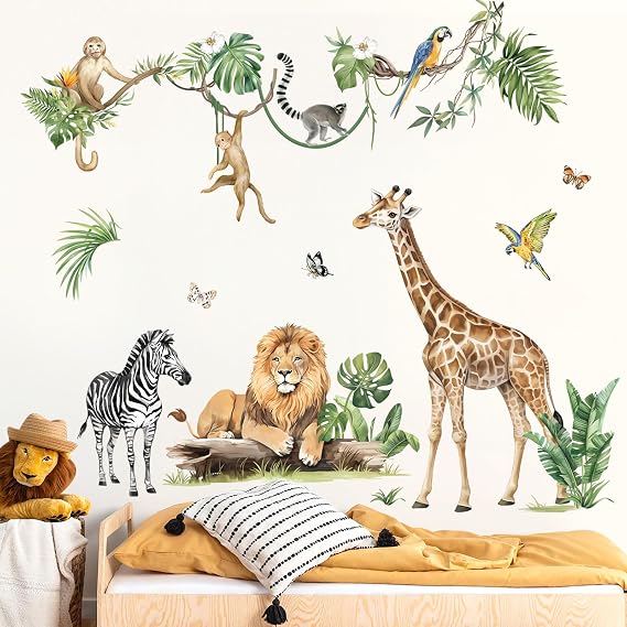 decalmile Jungle Animal Tropical Leaves Safari Wall Decals Stickers (XL)