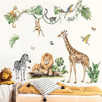decalmile Jungle Animal Tropical Leaves Safari Wall Decals Stickers (XL)