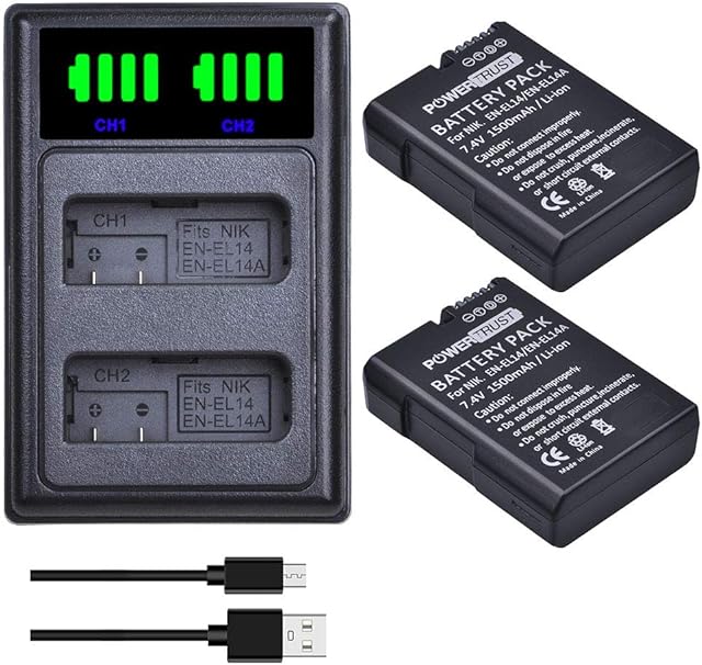 PowerTrust 2Pcs EN-EL14 EN-EL14a Battery + LED USB and type-C port Charger for Nikon D5600, D5500, D5300, D5200, D5100, D3500, D3400, D3300, D3200, D3100, Df, Coolpix P7800, P7700, P7200, P7100, P7000