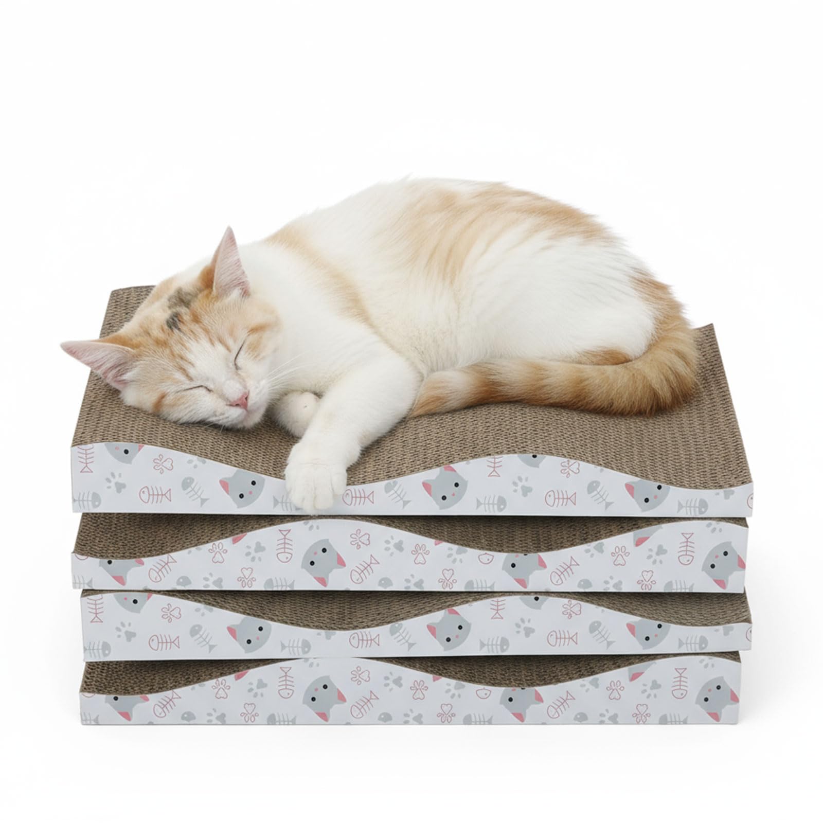 Skylos 4 Pack Cat Scratcher - Wave Curved Cardboard Cat Scratching Pad, Reversible & Extra Wide Scratching Bed with Eco-Friendly Recycled Cardboard for Indoor Cats (Brown, 43x20x4.8cm)