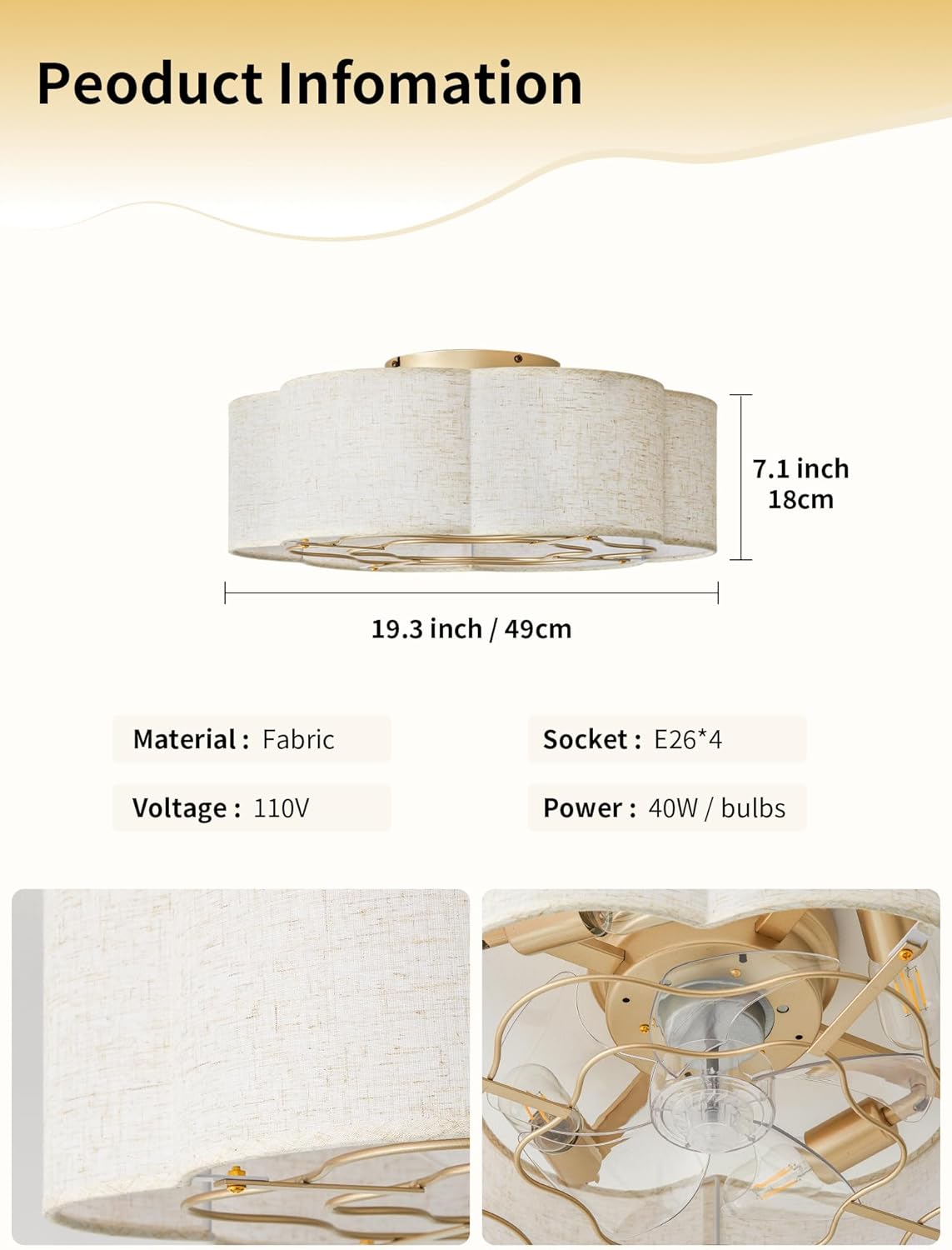 20" Boho Ceiling Fan with Lights Flush Mount, Low Profile Ceiling Fans with Lights Remote Control, Fabric with 6 Speeds for Nursery, Bedroom, Kitchen, Beige