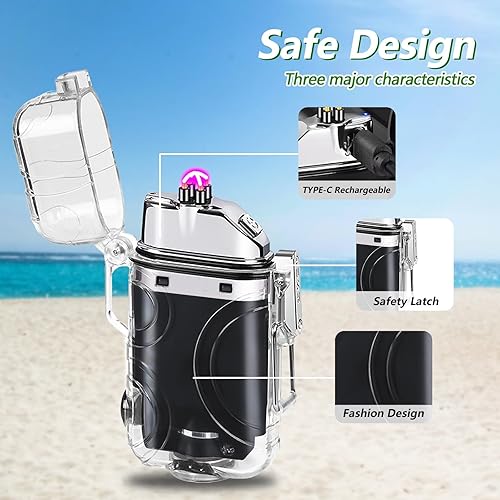 Miniatura 5 de SKRFIRE Encendedor eléctrico transparente, impermeable, encendedor de doble arco con linterna LED, encendedor a prueba de viento, encendedor USB