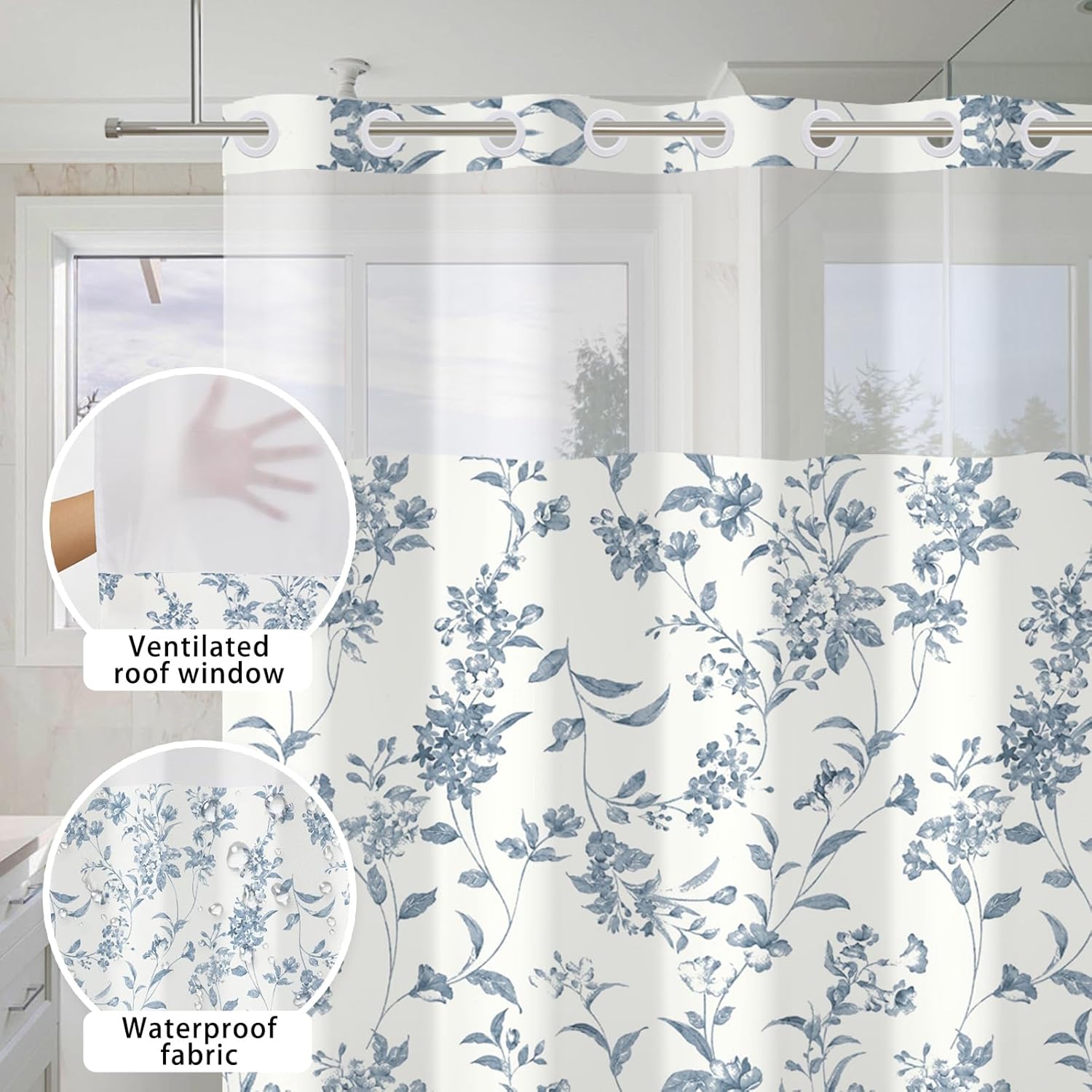 No Hook Flower Shower Curtain with Snap in Liner - 71 x 74Inch Blue Floral Botanical Waterproof Bath Curtain with Mesh Top Window for Modern Farmhouse Bathroom