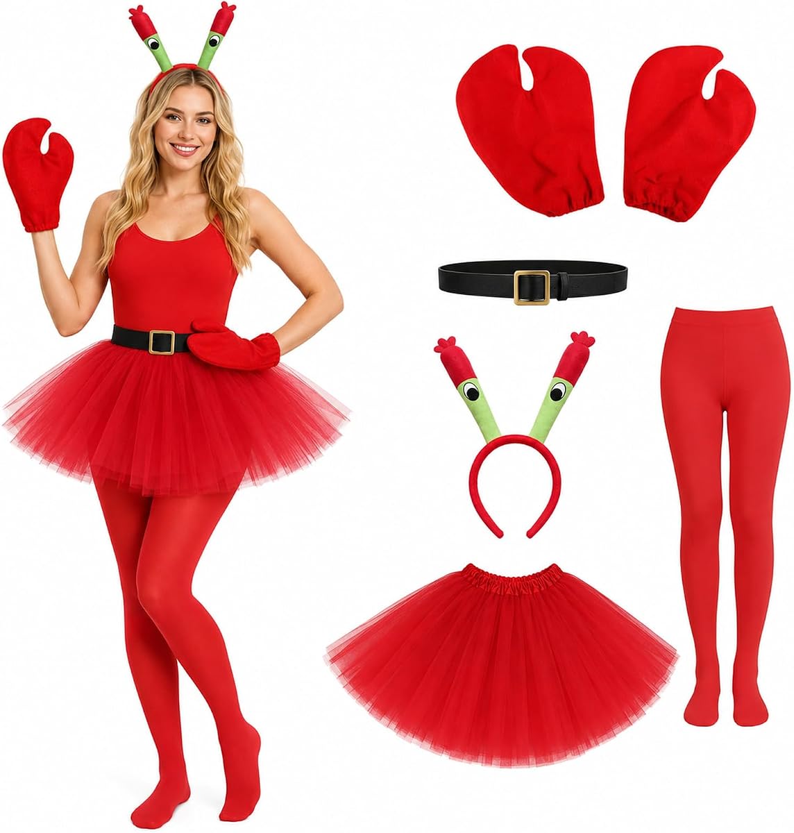 5 PCS Adult Crab Costume Seafood Boil Party Outfit Headhead Claws-Gloves Tutu Skirt Tights Belt Funny Halloween Mardi Gras Group Theme Costume