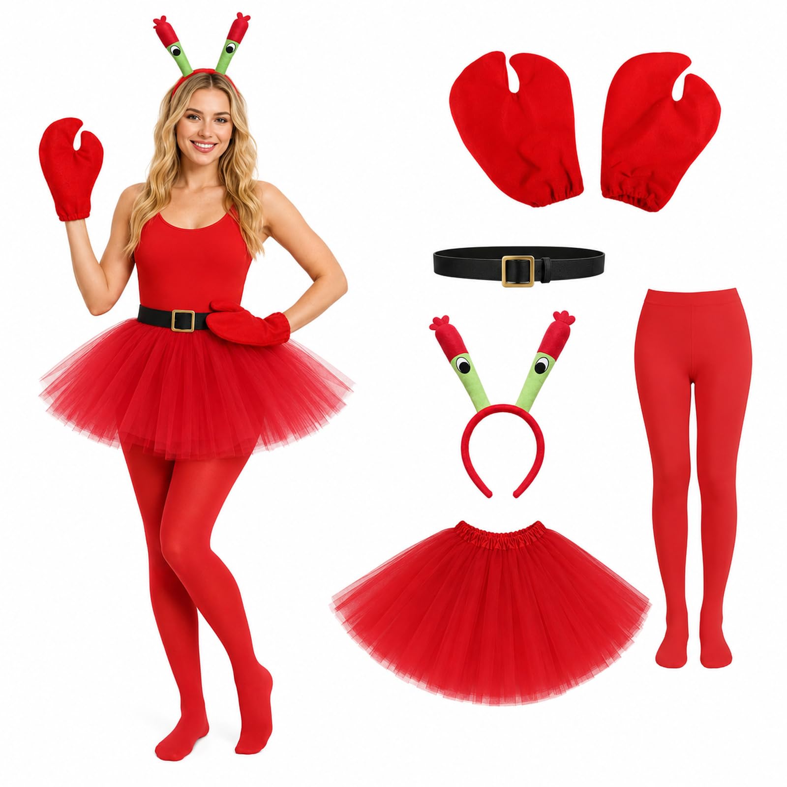 Boyigog Halloween Crab Fancy Dress Costume Red Crab Outfit 5Pcs Tutu Skirt Tights Gloves Headband Cute Sea Creature Costume Adult for Halloween Cosplay Dress Up Party