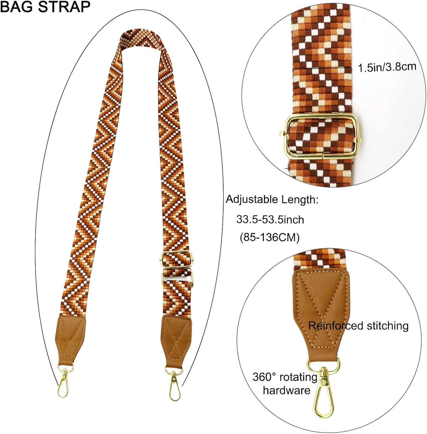 Adjustable Purse Strap with Brown Leather End - 1.5" Wide Handbags, Camera, Guitar, Phone & Crossbody Bag Replacement Shoulder Straps(Gold Hardware) - Image 2