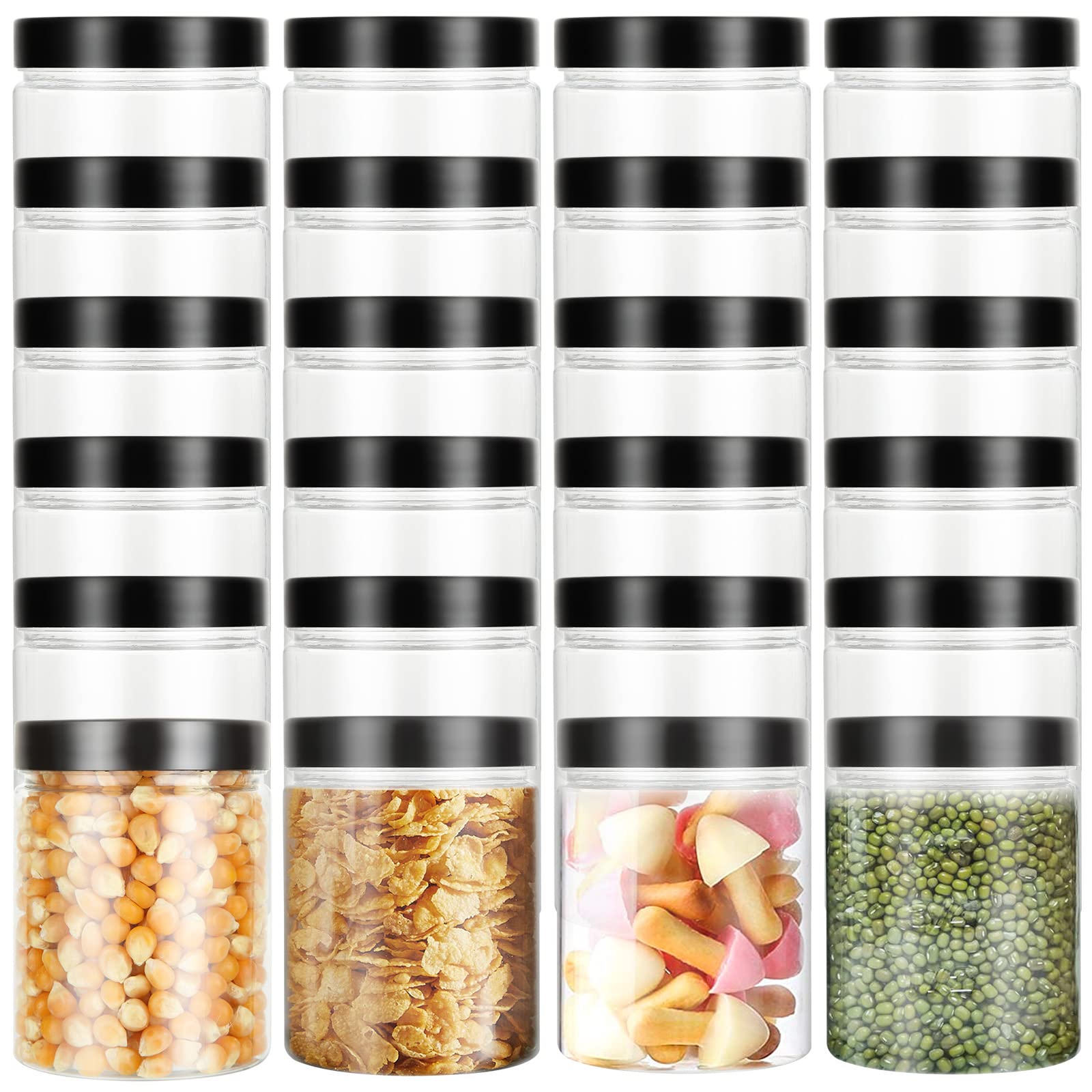 24 tarros de plástico de 250 ml con tapas, tarros de plástico transparente pequeños tarros de plástico con tapas de rosca negras, manualidades, almacenamiento de cocina