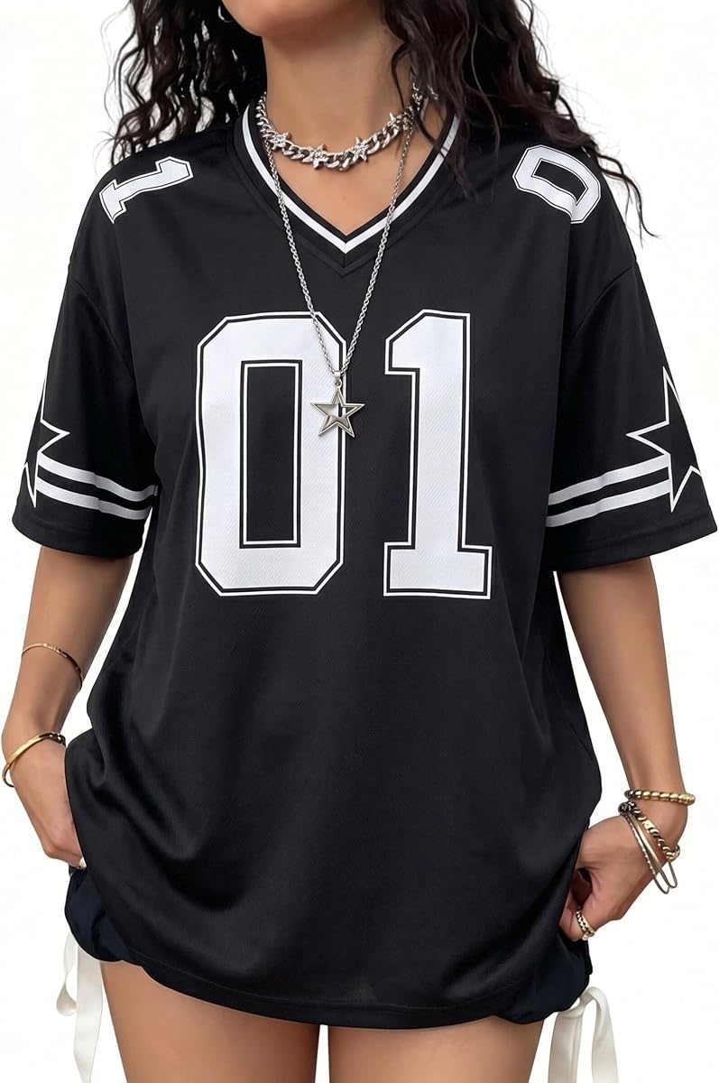 Jersey Shirts for Women Y2k Graphic Tees V Neck Baggy Streetwear Number Oversized T Shirt Summer Tops