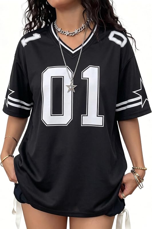 Jersey Shirts for Women Y2k Graphic Tees V Neck Baggy Streetwear Number Oversized T Shirt Summer Tops
