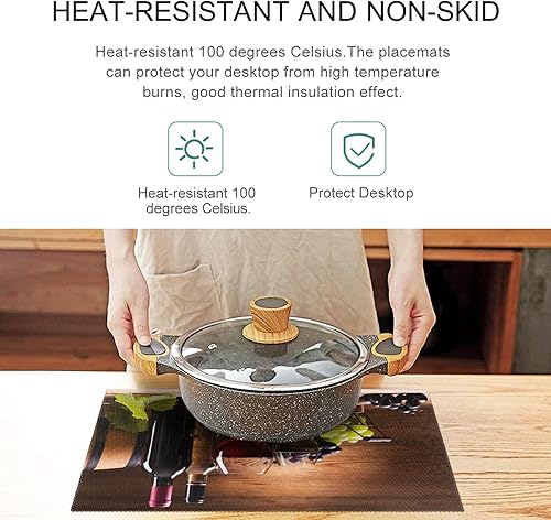 Miniatura 4 de visesunny Juego de 4 manteles individuales con patrón de madera para copas de vino, uvas, manteles individuales antideslizantes para decoración de