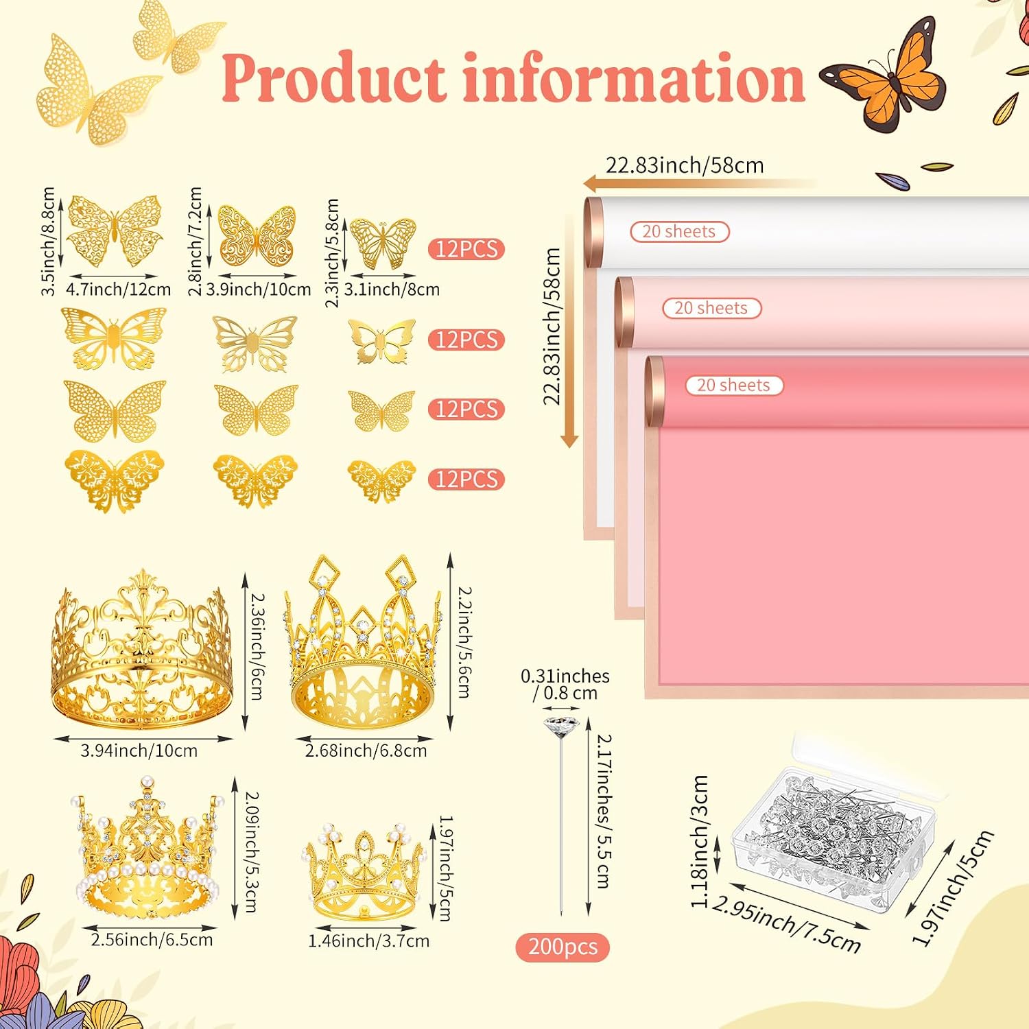 Estune 195 Pcs Flower Bouquet Accessories, 60 Floral Wrapping Paper 4 Gold Crowns 48 Butterfly Decorations 200 Flower Pins for Mother's Day Birthday Wedding Gift Florist Supplies(Light Color)