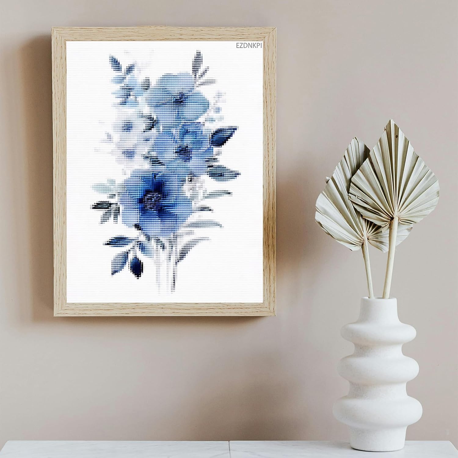 EZDNKPI Floral Stitch Pattern, Cross Stitch Stamped, Blue Flowers Print Art, Blue Flowers, Flower Art, Mottled, Free Brushwork in The Style of Light Sky-Blue and Dark Blue, 11CT, 12x16inch