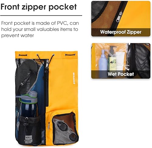 Vista 9 de WANDF Mochila de malla con cordón y bolsillo húmedo para natación, gimnasio y equipo de entrenamiento Negro