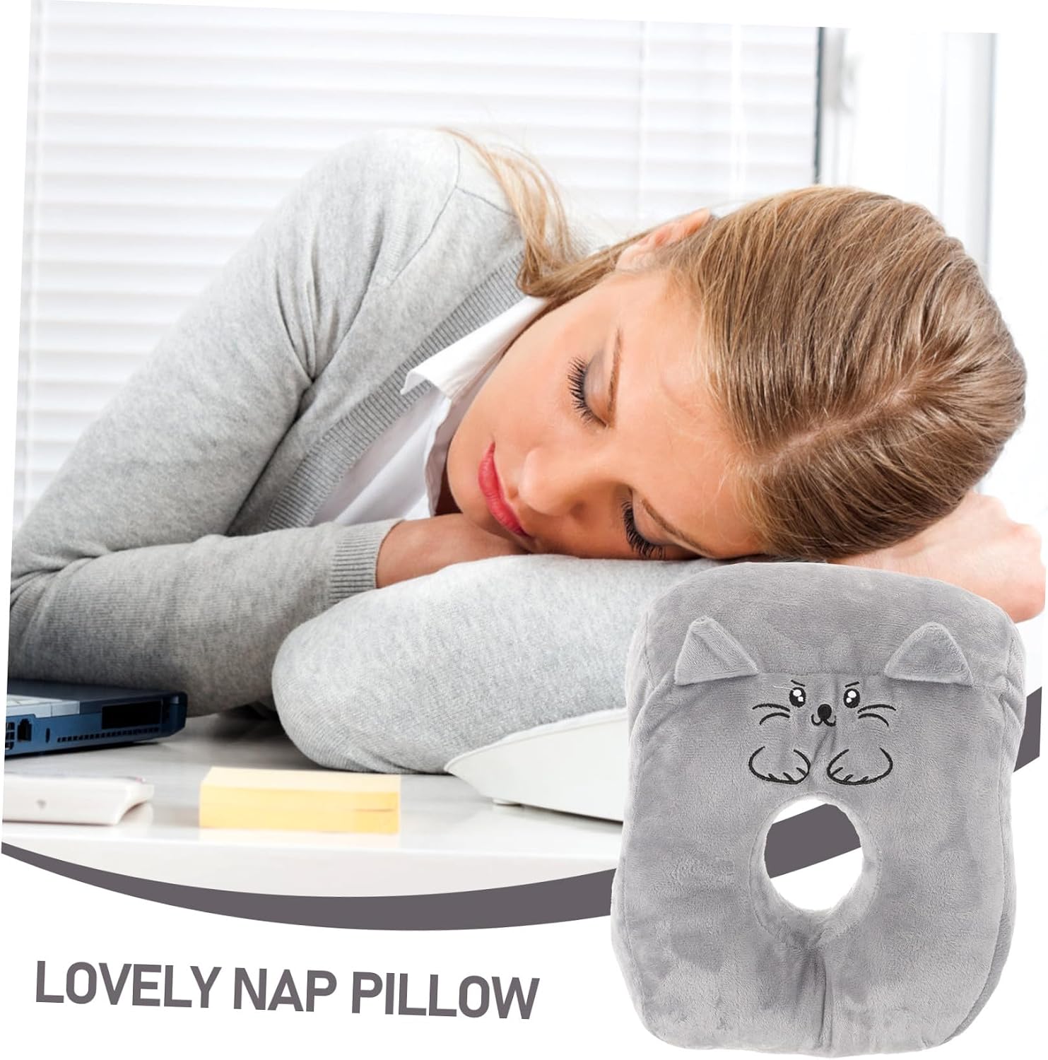 VICASKY Cartoon Stuffed Desk Nap Pillow for Office with Ergonomic Face Down Design Breathable Soft Material Neck Support for Comfortable Sleeping Gray Cat Pattern