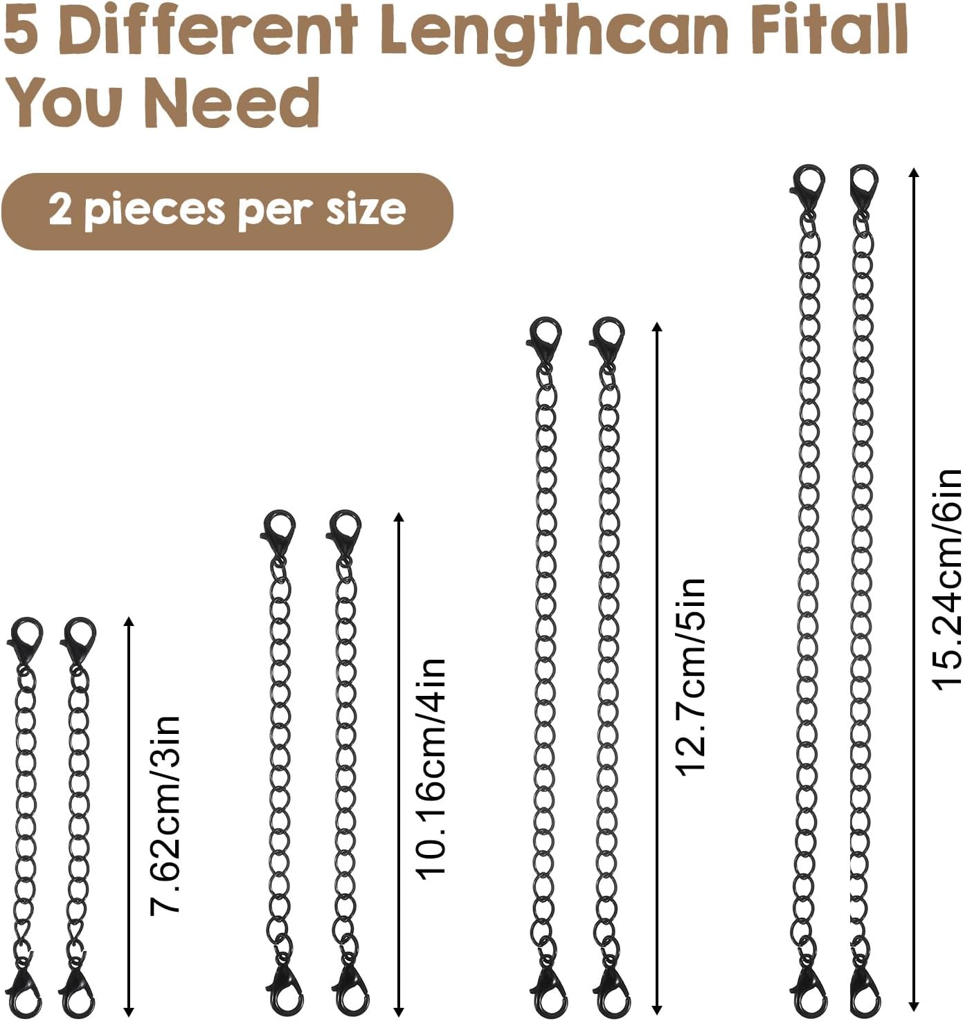 8Pcs Necklace Extender, Black 4 Size Necklace Chain Extender Adjustable Necklaces Extension Chain for Jewelry Making, Perfect for Necklaces Bracelets Anklets, Women & Girls, Black - Image 2