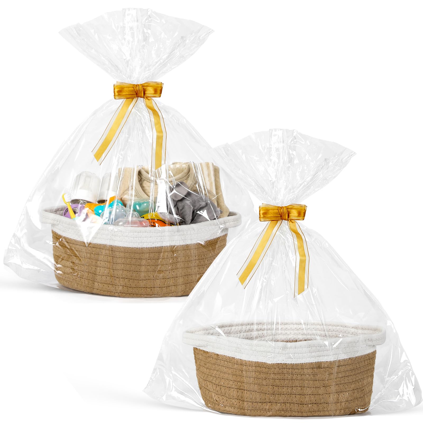 2 Pack Small Woven Basket with Gift Bags and Ribbons, Empty Decorative Gift Chest Box, Cute Baby Gift Basket for Nursery, Cotton Rope Room Shelf
