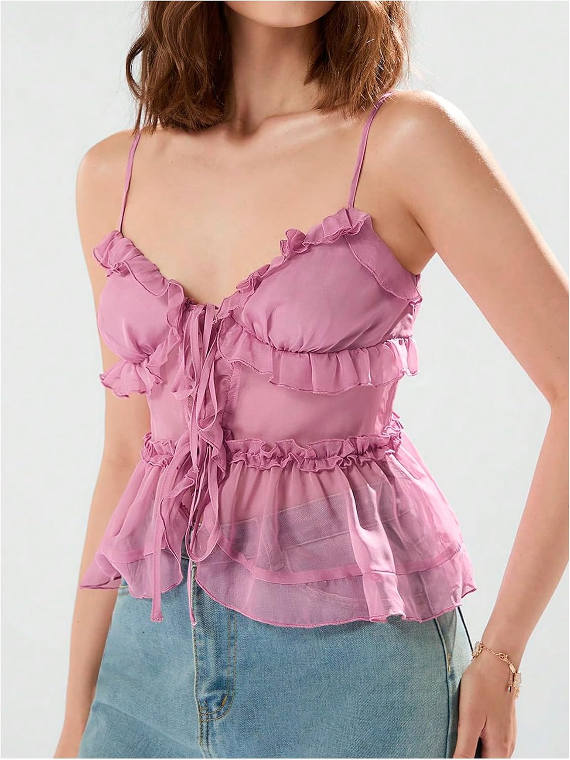 GORGLITTER Women's Babydoll Peplum Cami Tops Mesh Tie Front Ruffle Trim Spaghetti Strap Camisole Top
