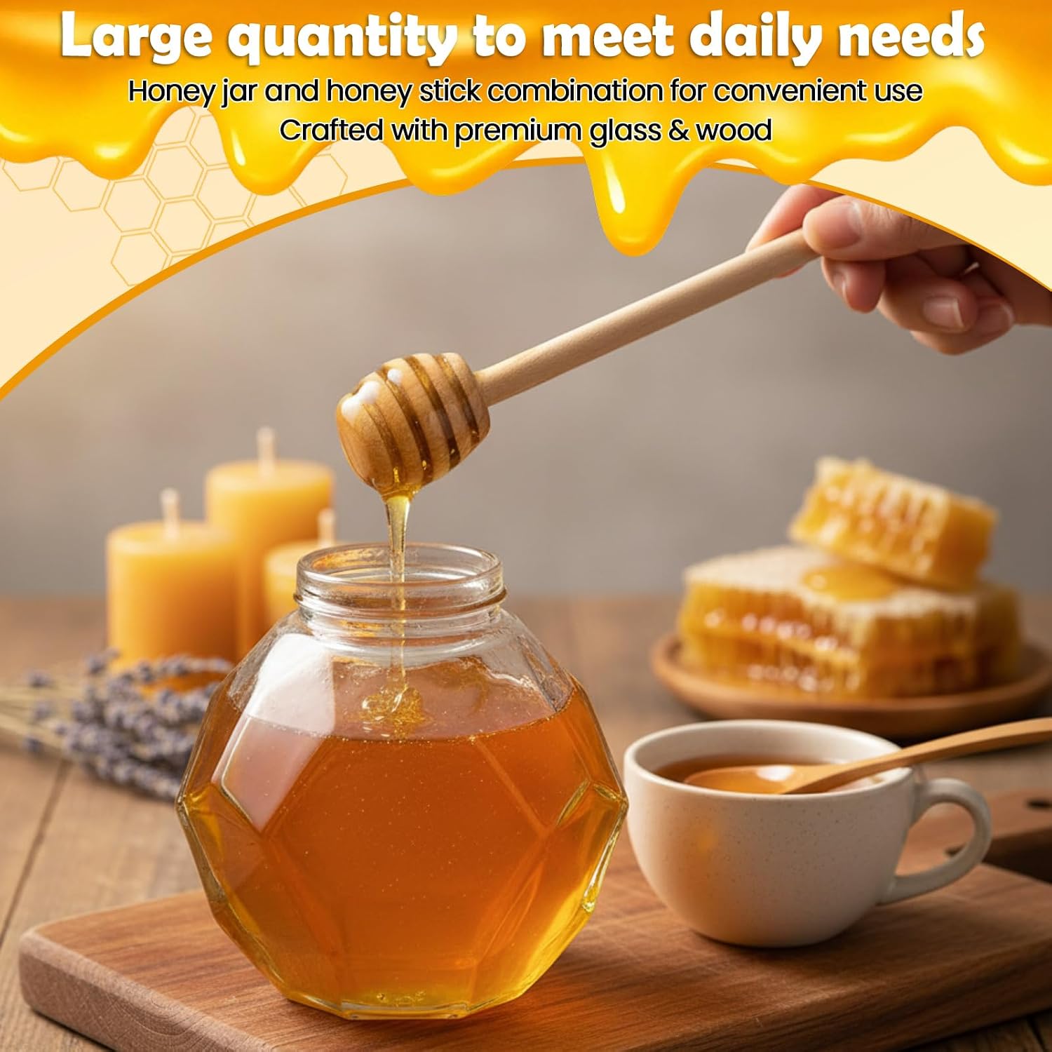 24 oz Honey Pot with Dipper Spoon and Metal Lid, Glass Honey Container Dispenser Mason Jar for Kitchen Syrup Storage, Take Home Gift and Bee Decorations