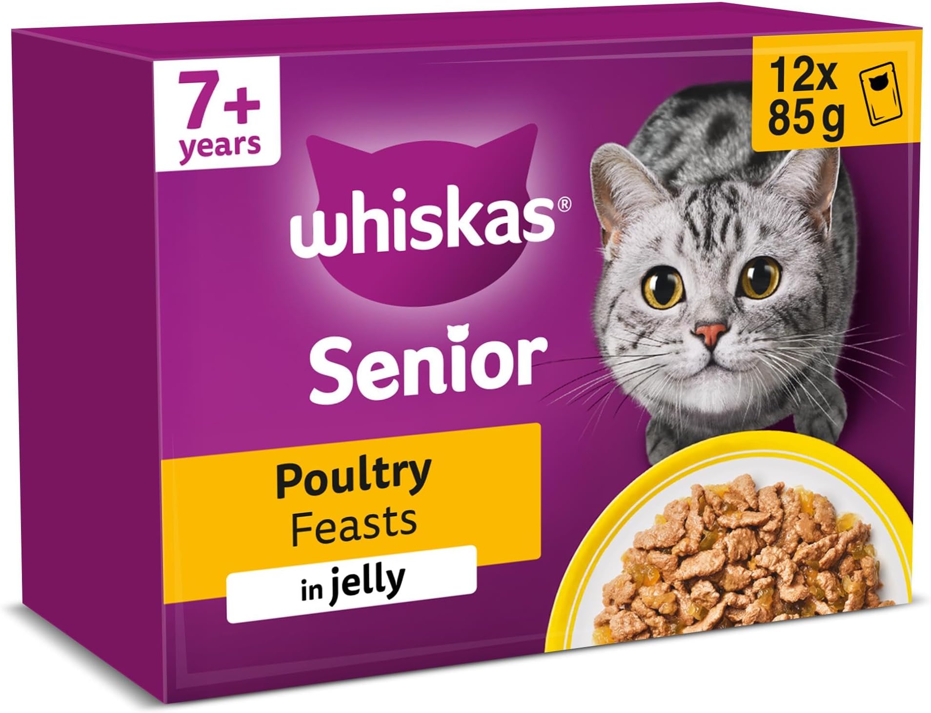 WHISKAS Senior 7+ Wet Cat Food in Jelly 12x85g Poultry Feasts (Pack of 4)