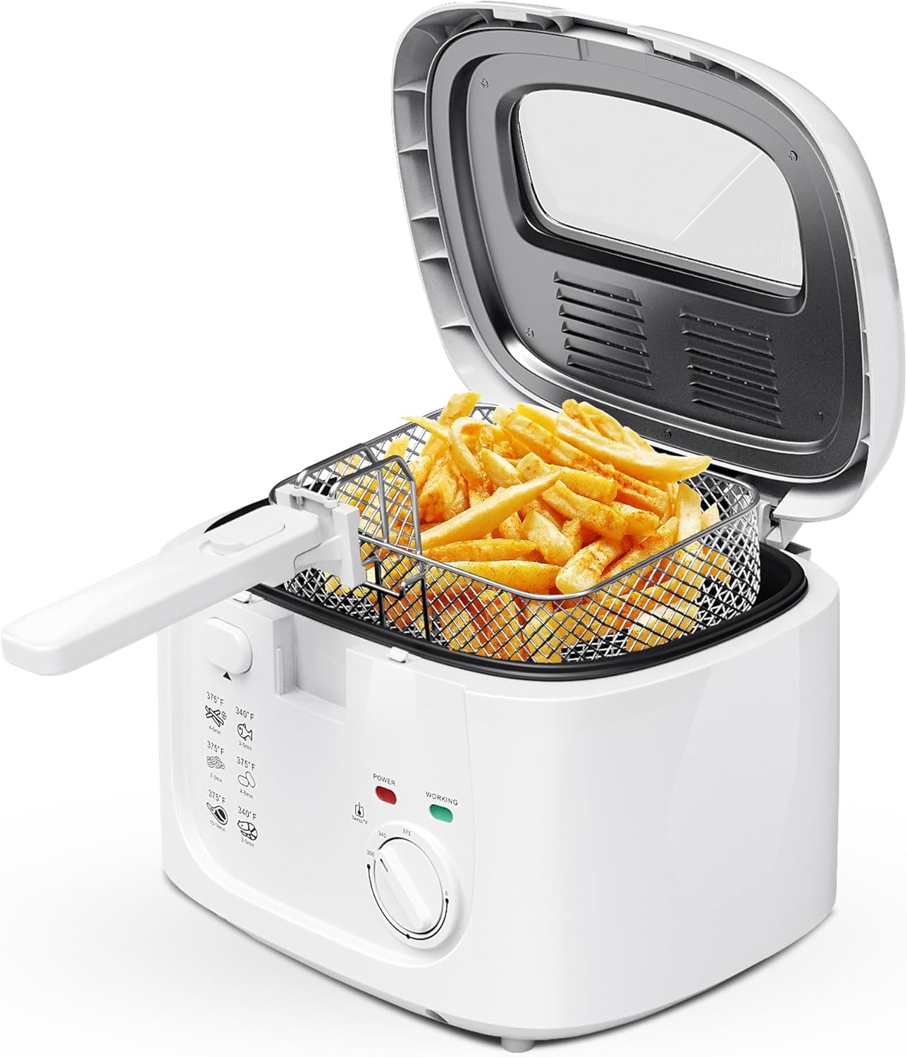 1500W Electric Deep Fryer with Adjustable Temperature Control, 2.5L Non-Stick Basket & Viewing Window, Folding Handle and Locking Cover for Easy Storage, White