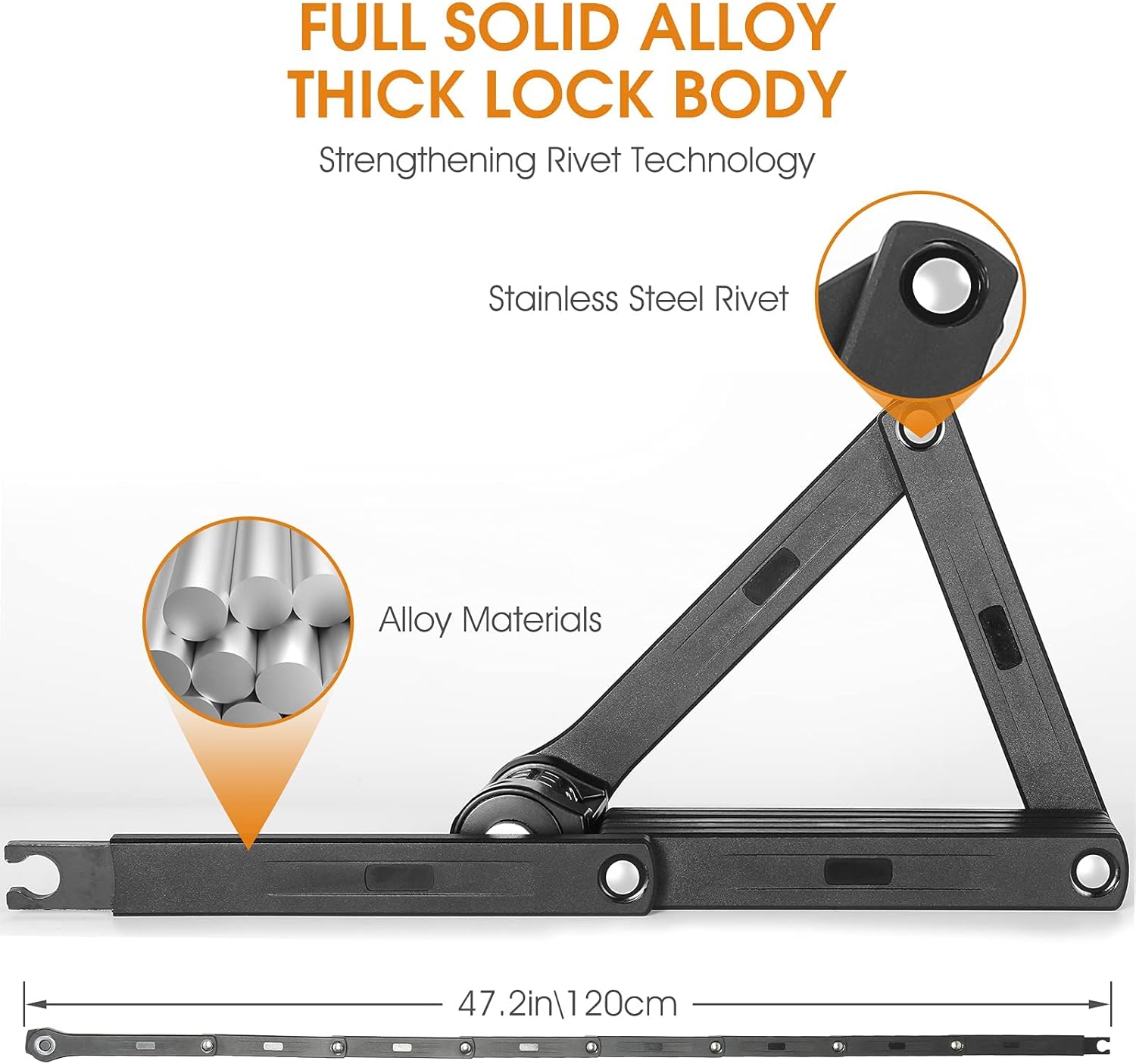 Close-up of the West Biking folding lock showing its full solid alloy thick lock body and stainless steel rivets