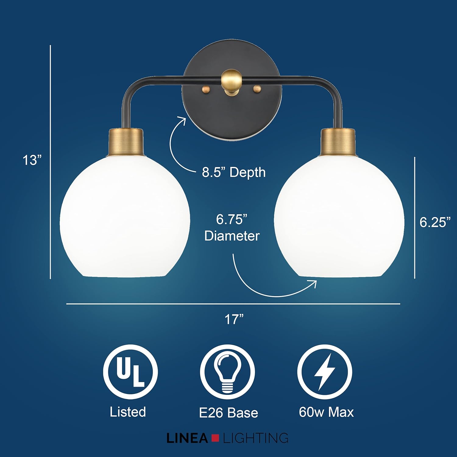 Linea di Liara Lukasa Modern Bathroom Vanity Lights Fixtures 2-Lights Over Mirror Lighting Matte Black and Gold Vanity Lights for Bathroom Light Fixtures Frosted Glass Covers, UL Listed