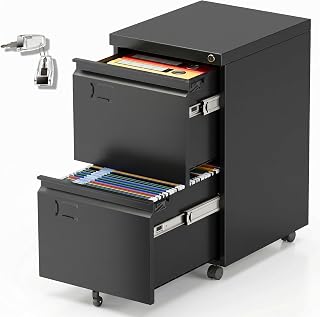 METAN 2-Drawer Mobile File Cabinet with Lock and Wheels, Black | Steel under-desk cabinet for Letter, Legal and A4 files; 5 casters, 2 label slots and 220 lb capacity; Assembly Required