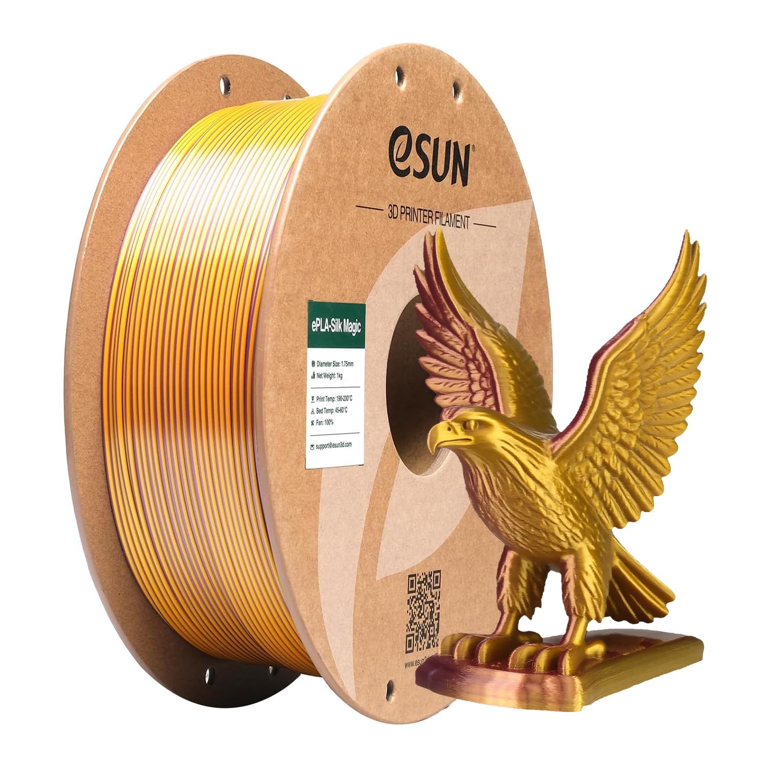 eSUN Silk Filamento PLA a doppio colore da 1,75 mm, filamento per stampa 3D in coestrusione Silk Magic PLA, colore sfumato che cambia bobina da 1 kg (2,2 libbre) (Silk Oro Viola, 1KG)