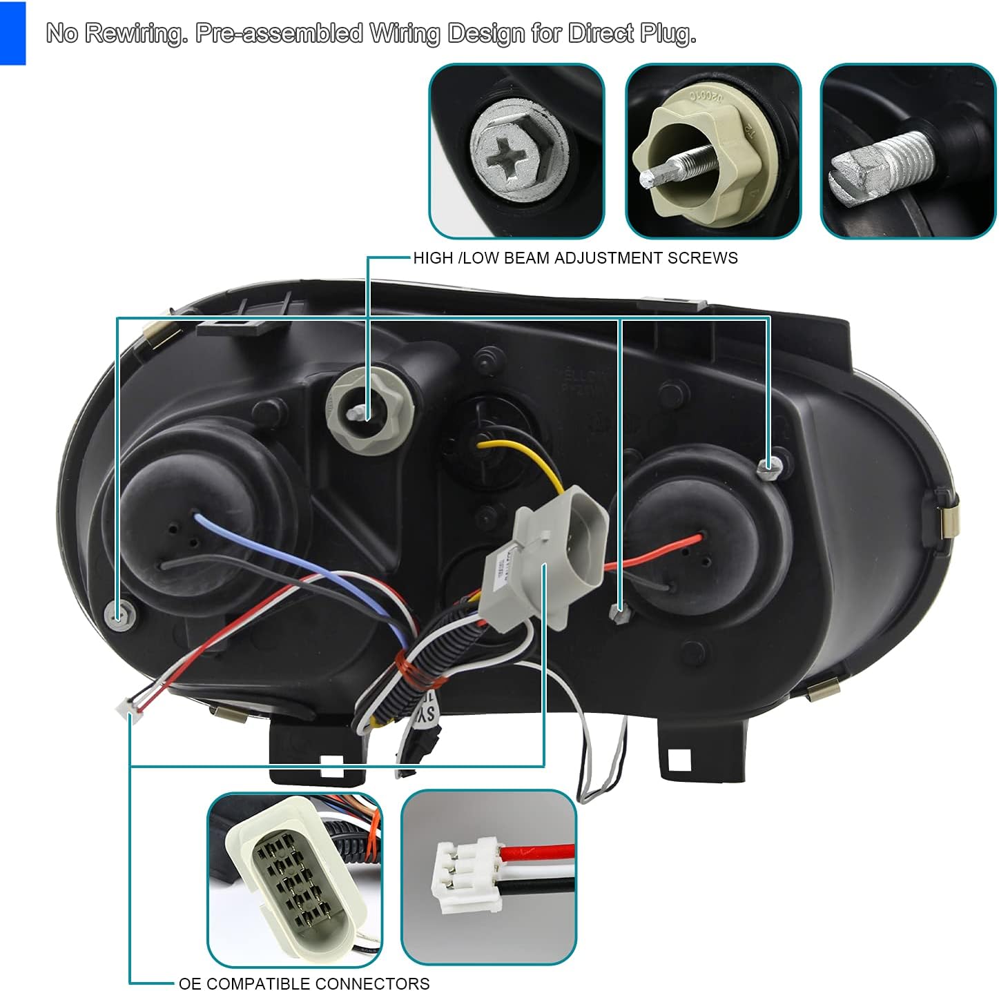 SPEC-D TUNING Black Projector Headlights w/LED Strip Compatible with 1999-2006 VW MK4 Golf Golf GTI, Left + Right Pair Headlamps Assembly