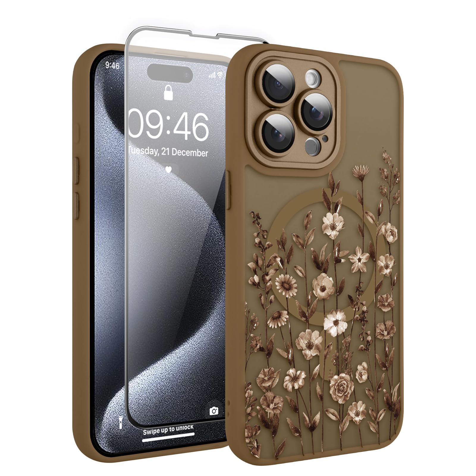 Coque antichoc iPhone 15 Pro Max marron fleurie pour éviter les rayures